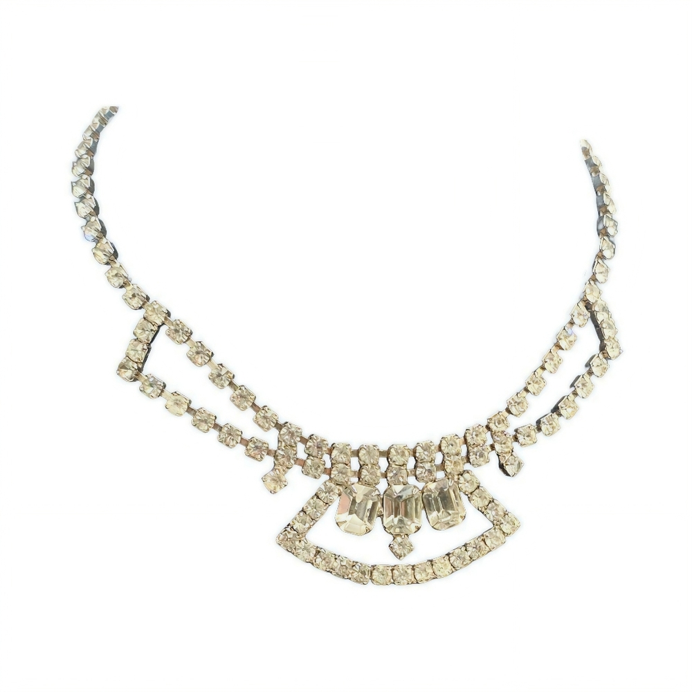 Vintage Art Deco Rhinestone Bib Necklace Sparkly Silver Tone
